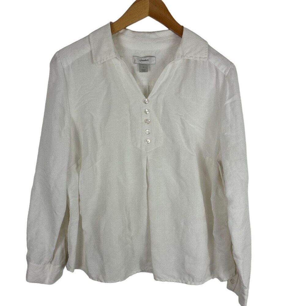 CJ Banks Linen Rayon Top Womens 14W White Long Sleeve‎ Button Roll Tab Pullover